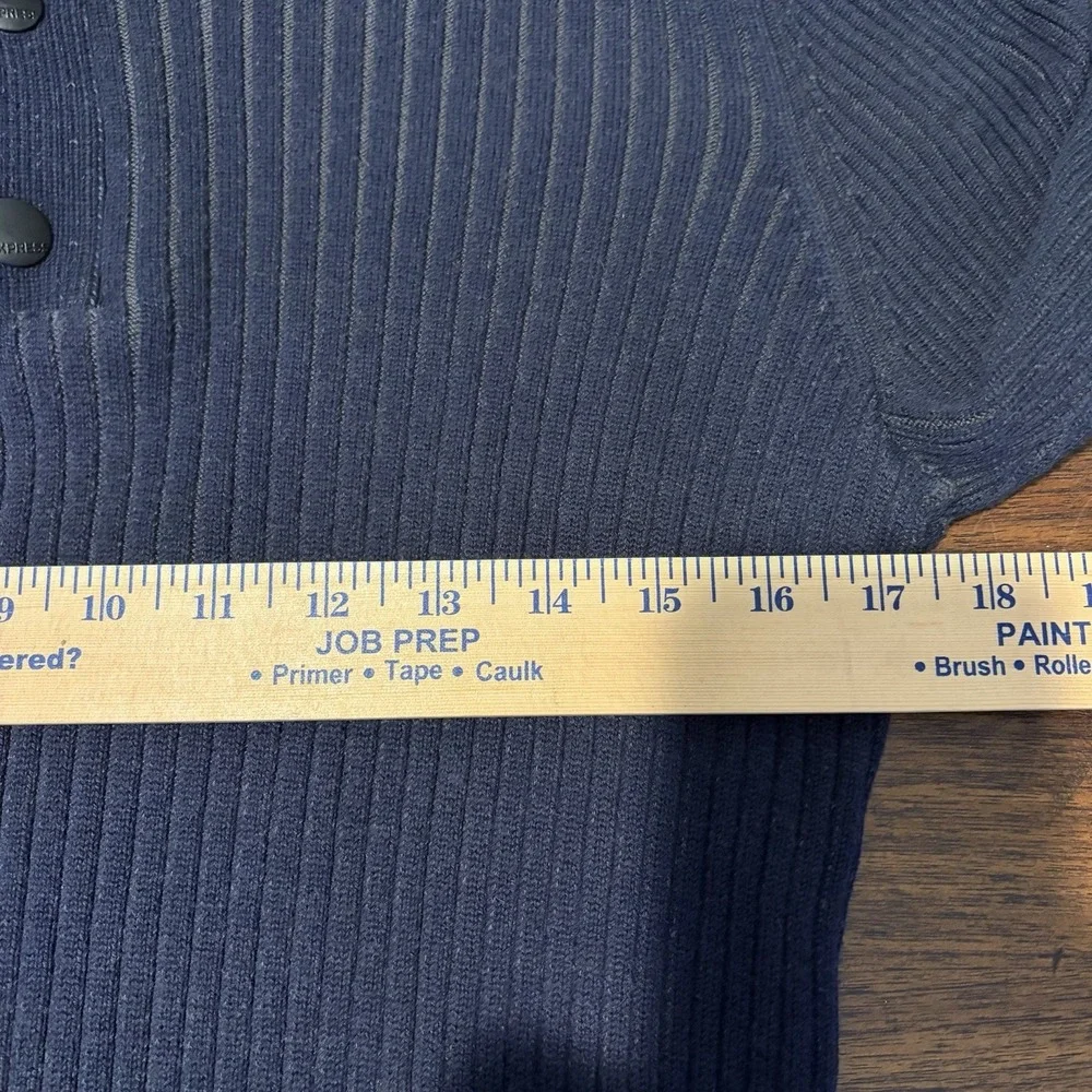 Express Men's Sweater Size L Navy‎ Blue 1/4 Zip and Snap Ribbed Stretch Fitted